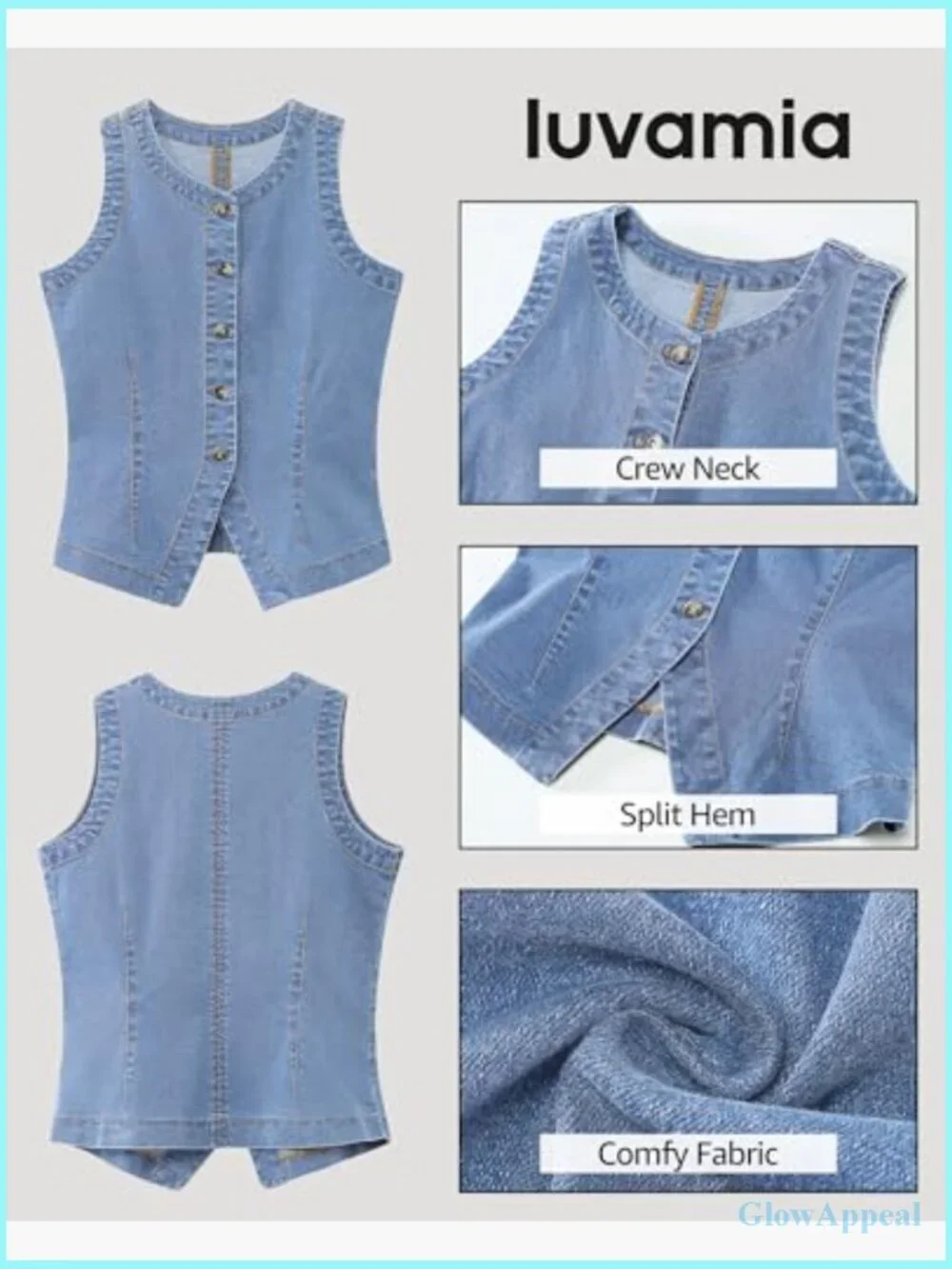 Sleeveless Denim Vest Button Down Crewneck Casual Summer Waistcoat